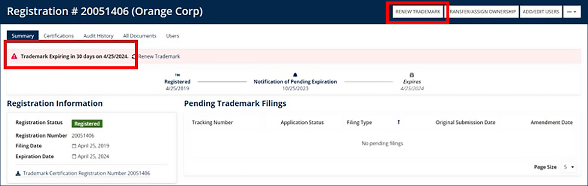 Summary screen. Trademark Expiring in 30 days on 4/25/2024 is emphasized on the page. 